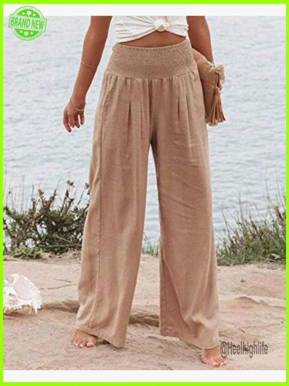 High Waisted Cotton Linen Palazzo Pants Wide Leg Lounge Trousers with Pockets - Picture 2 of 7